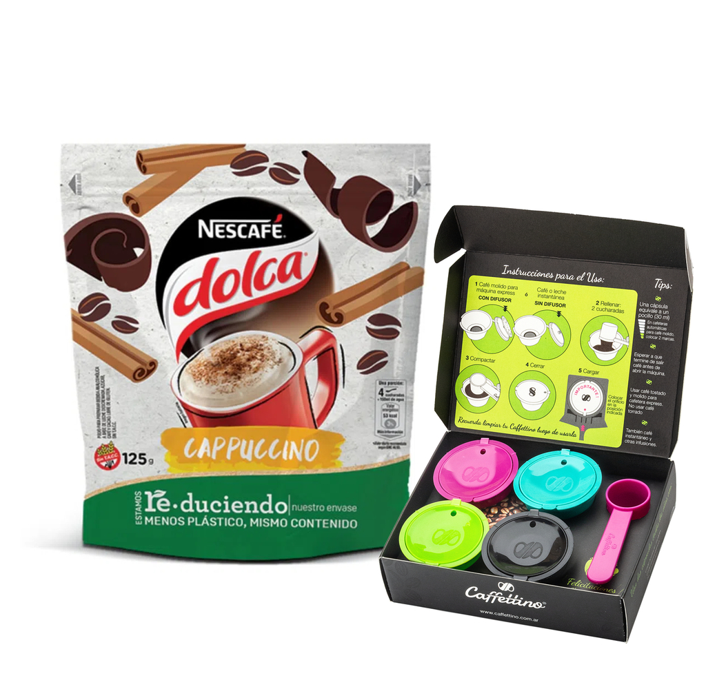 Cápsulas Dolce Recargables Caffettino X4 + Nescafé Instantaneo Dolca