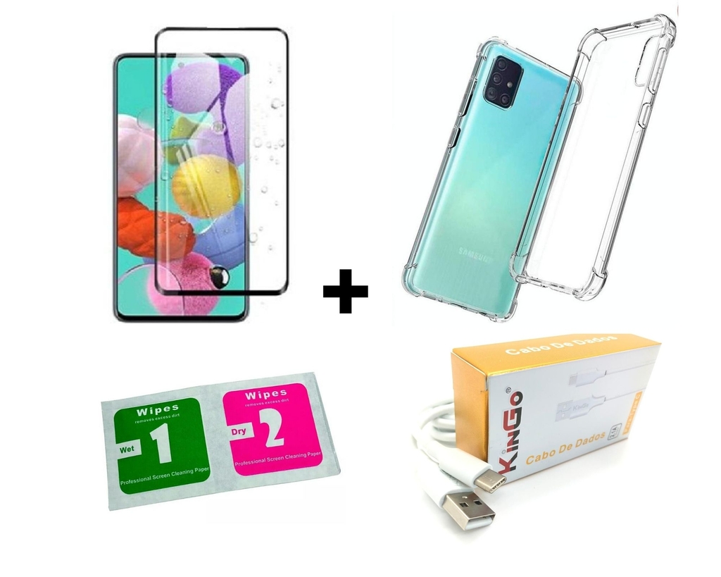 Kit Capa transparente Anti Impacto P/ Galaxy A51 + Película de Vidro 3D +  Cabo de