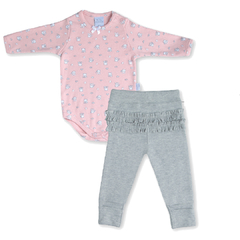 Conjunto Body e Calça bebê menina estampado urso rosa em algodão prime