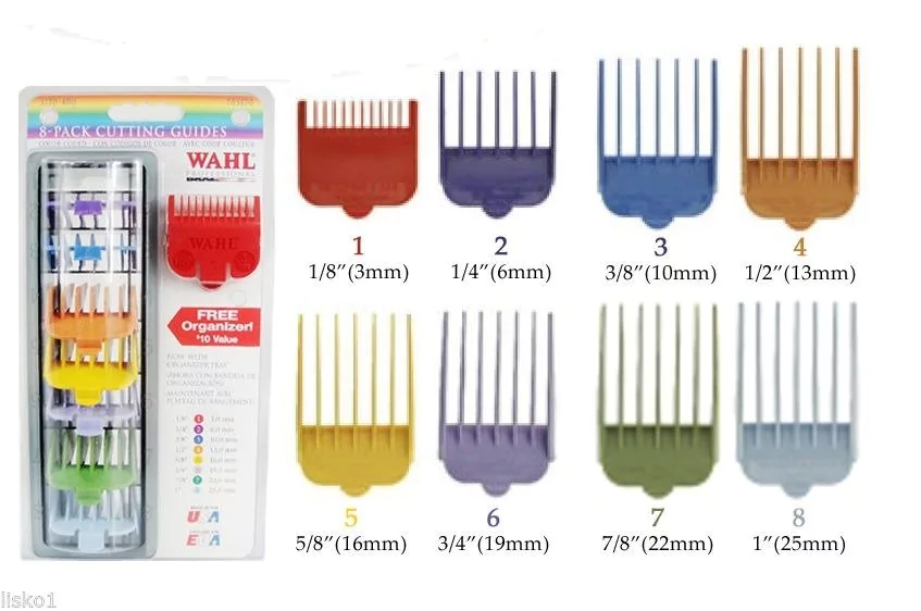 SET DE 8 PEINES GUIA DE COLORES SIMIL WAHL PARA CORTADORAS DE PELO MODELO  HS32639