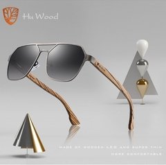 Hu Wood* 8039 Óculos de Sol Masculino Quadrado Madeira & Aço inox Polarizado