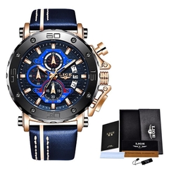 Relógio masculino pulseira em couro LIGE Luxury Casual Militar  