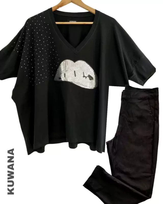 COMBO Pantalon NATACHA Elastizado Negro ( 38 al 50) + Remeròn Lips Shine