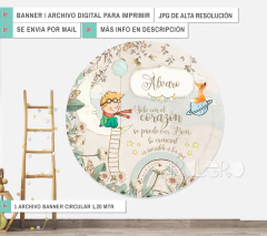 Banner Imprimible Circular Principito Vintage Celeste con frase y nombre