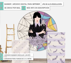 Banner Imprimible circular Merlina y fundas para mesas cilindricas o paneles sin texto
