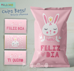 Chip Bags Modelo conejo rosa + etiqueta chocolatines