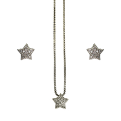 conjunto semijoia de brinco e colar em formato estrela com zircônias banhado a ródio