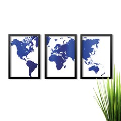Conjunto Kit 3 Quadros Mapa Mundial Azul