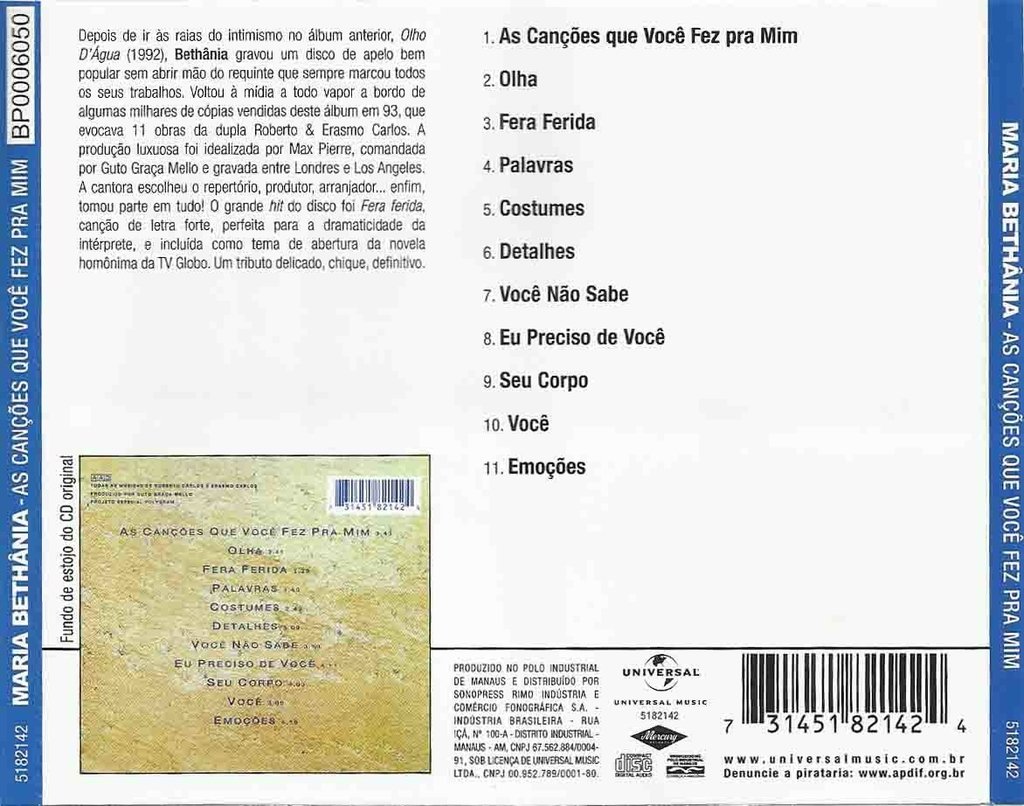 As canções que você fez pra mim maria bethânia Cd Maria Bethania As Cancoes Que Voce Fez 1993 Grav Universal Music Brasil