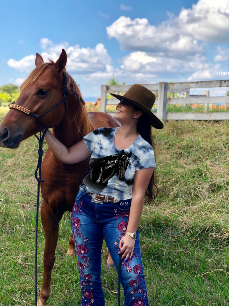 Blusa Feminina Plus Size Cavalo Preto Desenho Country