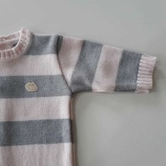 Macacão Listrado Baby Fio Cinza/Rosa - Baby Fio Tricot Infantil