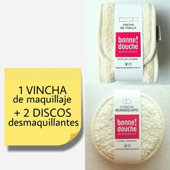 VINCHA PARA MAQUILLAJE + 2 DISCOS DESMAQUILLANTES (colores surtidos)