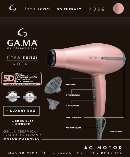 Secador De Pelo Gama Tempo 5d Sensi Rose + Difusor + Bolso