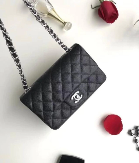 Bolsa 2.55 Classic Mini Preta Caviar Prata Italiana
