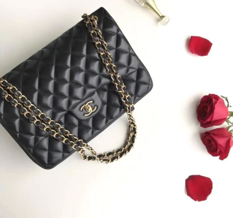 Bolsa Jumbo Classic Preta Lambskin Italiana