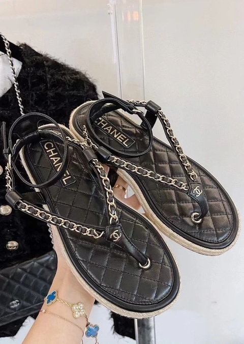 Sandália Chanel Lambskin Palha Preta