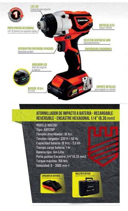 Atornillador de Impacto 18v 2,0ah 158nm Dowen Pagio Con Maletin
