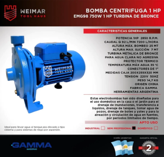 Bomba Centrifuga 1hp Gamma Eleva 25m Agua Gtía 2años Cuotas