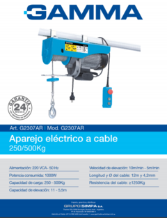 Aparejo Electrico A Cable 1000w 250-500kg 11-5,5m Gamma en internet