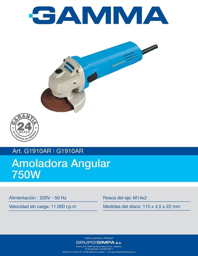 Amoladora Angular 750w Gamma 115mm 11000 Rpm G1910ar 1,9 Kg.