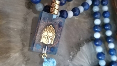 Japamala lápis lázuli e angelita, meru de orgonite com budha e lápis lázuli - 108 contas - loja online