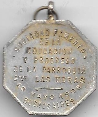 MEDALLA ARGENTINA , PARROQUIA GENERAL LAS HERAS , AÑO 1908 - comprar online