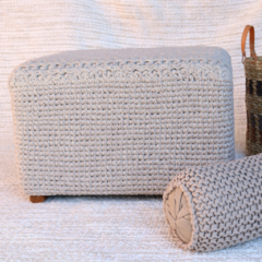 Crocheted Beige Squared Puff in Chenille and Cotton - online store