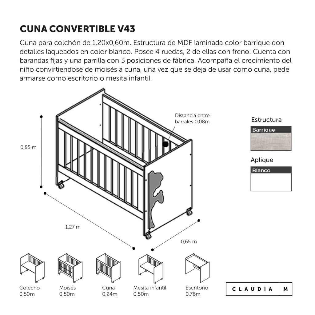 Cuna Convertible V43 Nordica / Colecho / Moises / Escritorio / Mesa Infantil