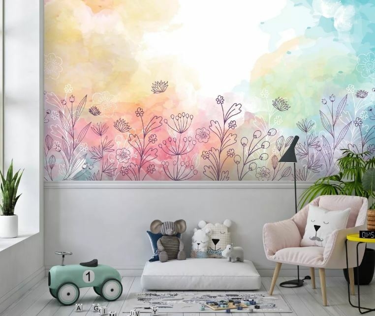 Papel De Parede Personalizado Infantil Jardim Aquarela Colorido Ramos E  Galhos Decoração Menina Quarto Personalizado Vinil 