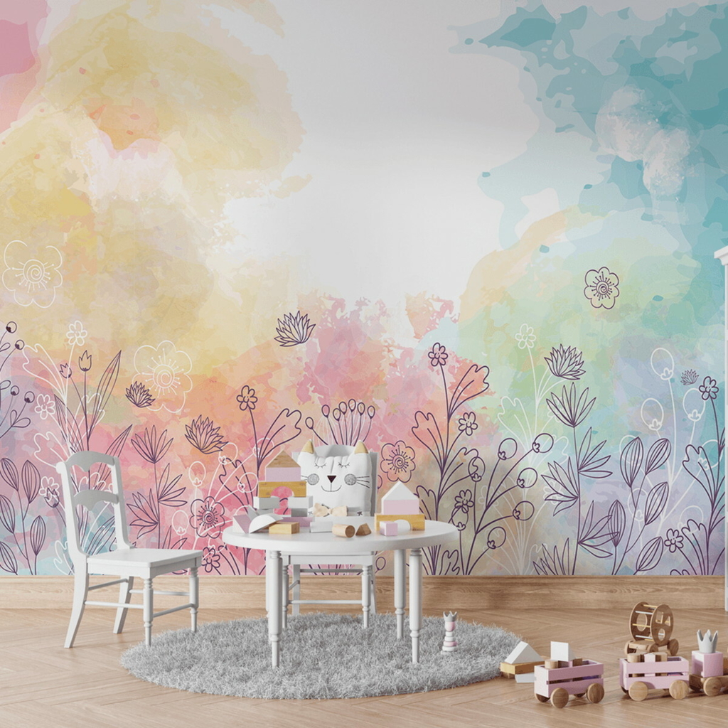 Papel De Parede Personalizado Infantil Jardim Aquarela Colorido Ramos E  Galhos Decoração Menina Quarto Personalizado Vinil 