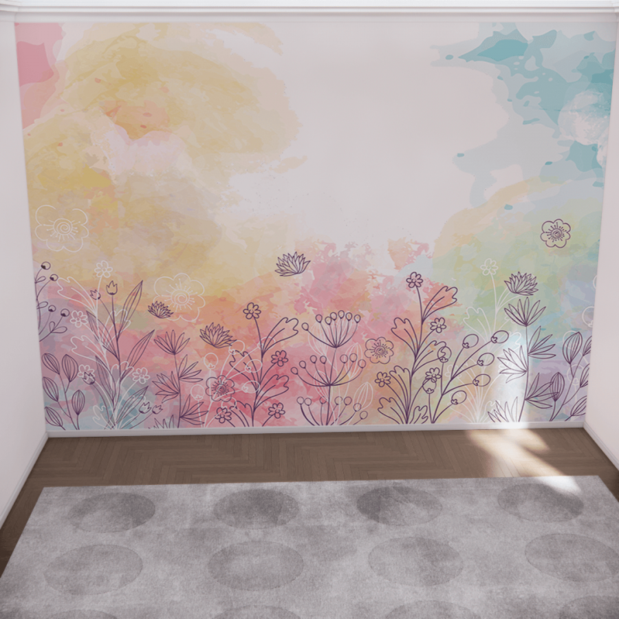 Papel De Parede Personalizado Infantil Jardim Aquarela Colorido Ramos E  Galhos Decoração Menina Quarto Personalizado Vinil 