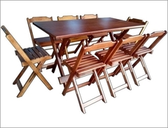 Imagem do Mesa Dobrável Churrasco 200cm ou 245cm com 10 cadeiras em madeira de lei - 10 Lugares