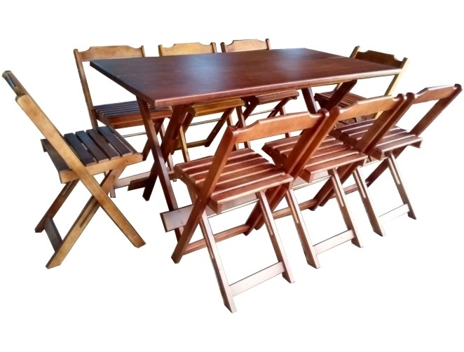 Conjunto dobrável Churrasco 150cm ou 180cm com 8 cadeiras em madeira de lei