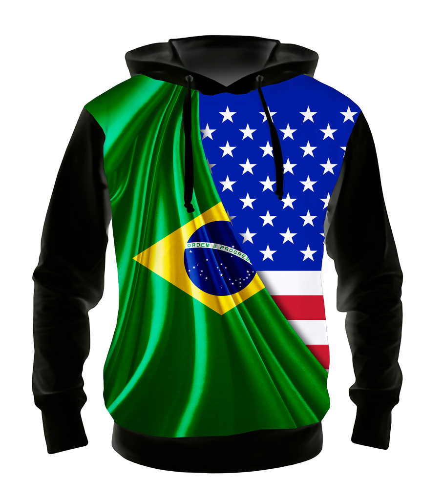 Blusa Moletom com Capuz Bandeira do Brasil e Estados Unidos - Casaco de Frio