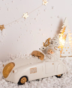Papá Noel y Reno en Auto Descapotable Toy Blanco / Dorado 22 x 13 cm