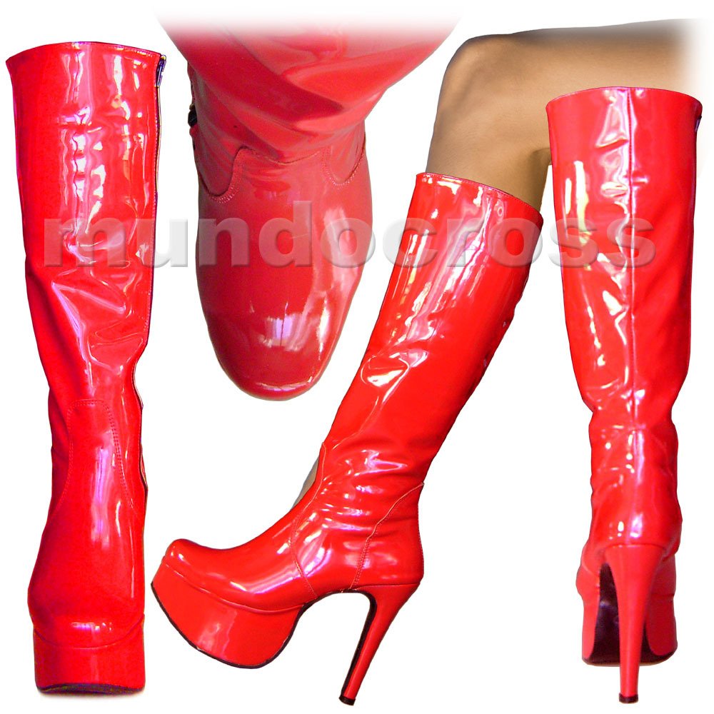 Sexys Botas Altas Plataf. Taco Aguja Charol Rojo Talles Grandes