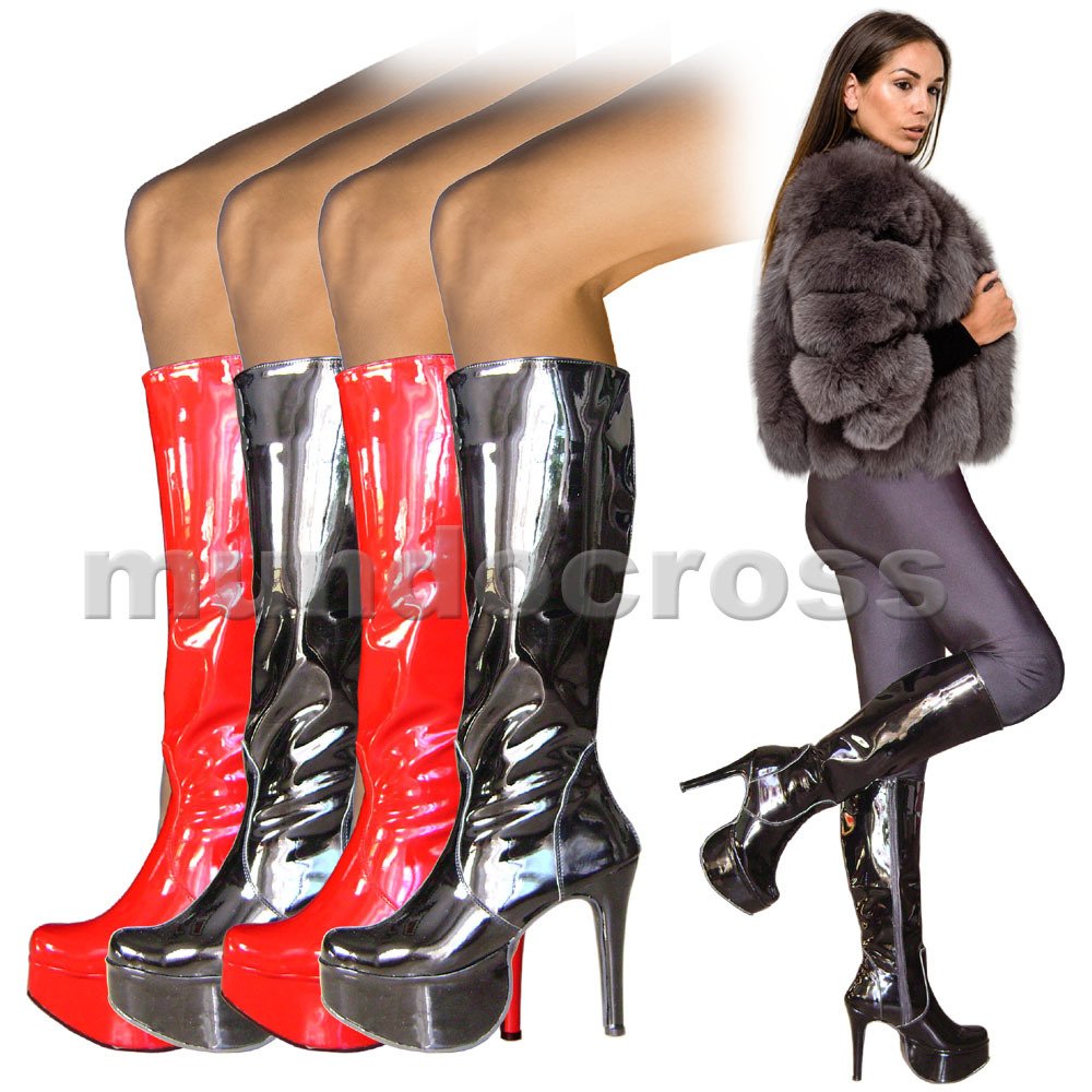 Sexys Botas Altas Plataf. Taco Aguja Charol Negro Talles Grandes