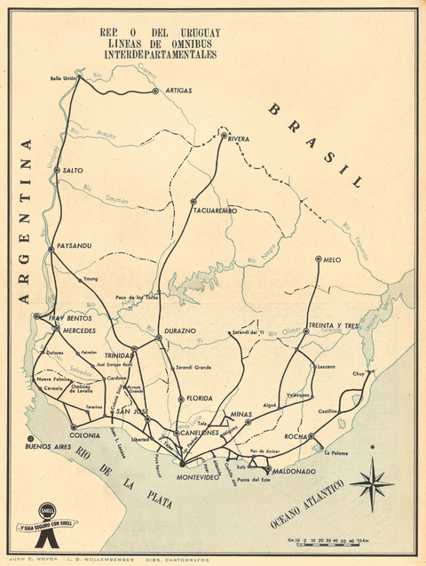 Uruguay, líneas de colectivos 1954 (36x28)