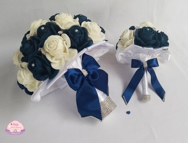 Buquê de noiva Azul Marinho e Branco + Réplica