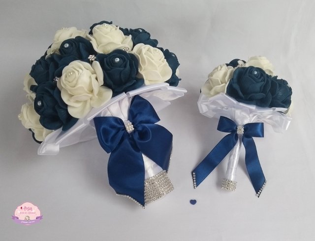 Buquê de noiva Azul Marinho e Branco + Réplica