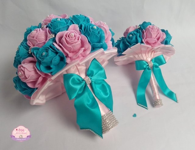 Buquê de noiva Azul Tiffany e Rosa + Réplica