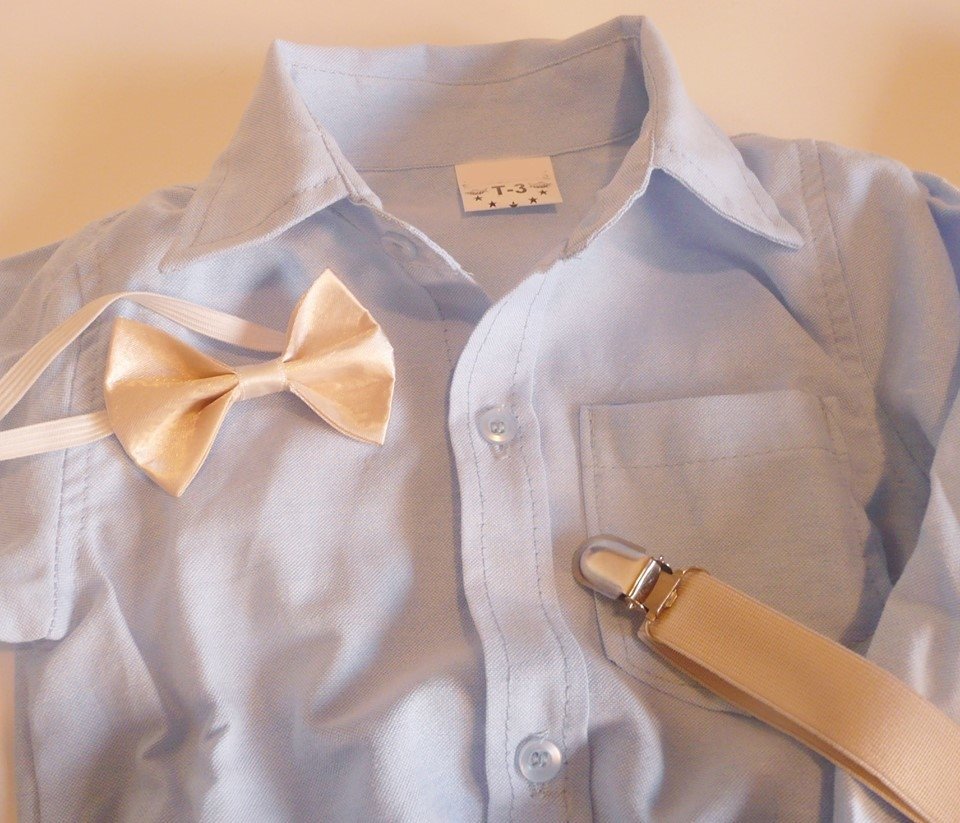 Set conjunto traje bautismo body camisa celeste pantalon moño y tiradores