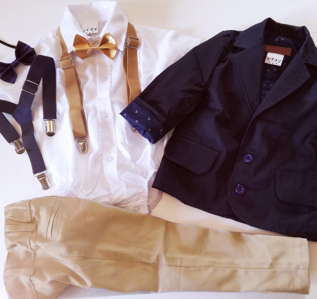 Traje para bautismo fiesta bodycamisa pantalon gabardina tiradores moño  blazer