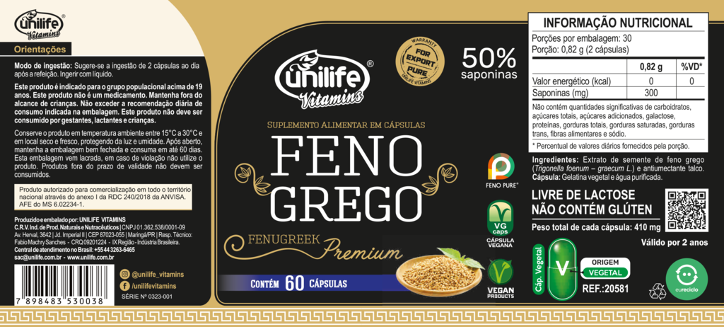 Feno Grego Premium 410mg 60 Cápsulas - Unilife