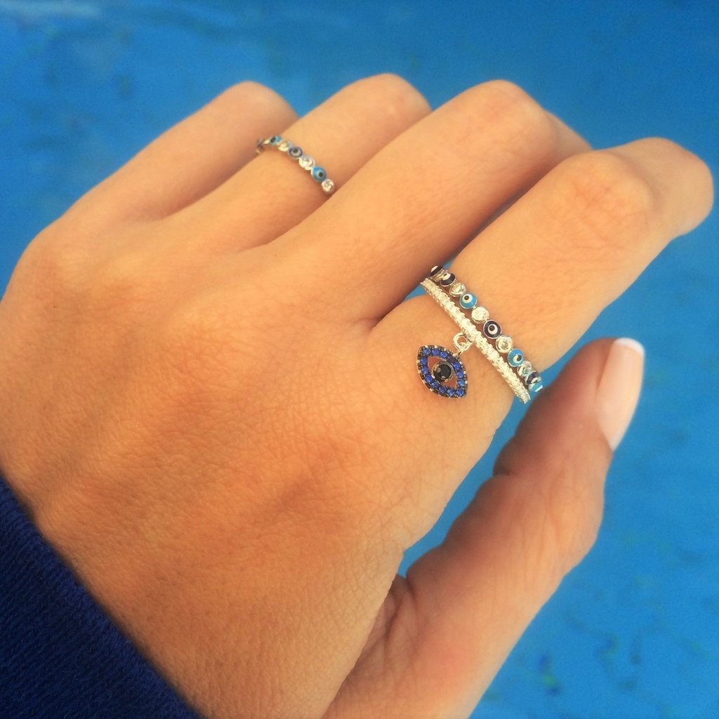 Anel Olho Grego com Gotas Regulável Folheado Prata - Maluan Semijoias