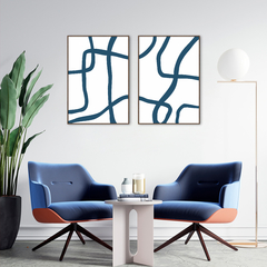 Conjunto Quadro Decorativo Boho, Linhas Abstratas Azuis