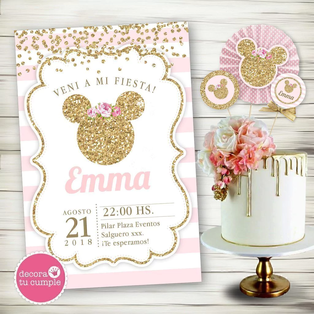Kit imprimible personalizado minnie rosa y dorado glitter cumpleaños