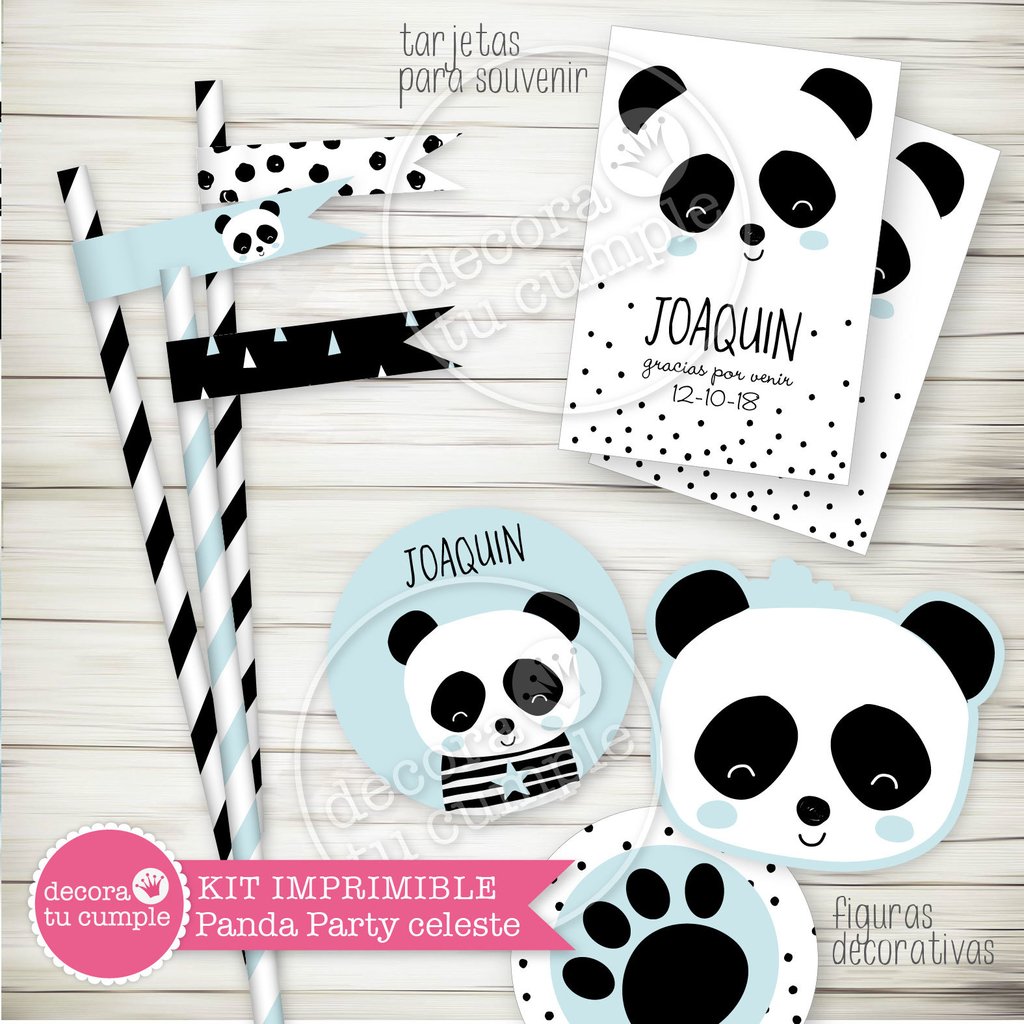 Kit imprimible osito panda party celeste candy bar invitación digital