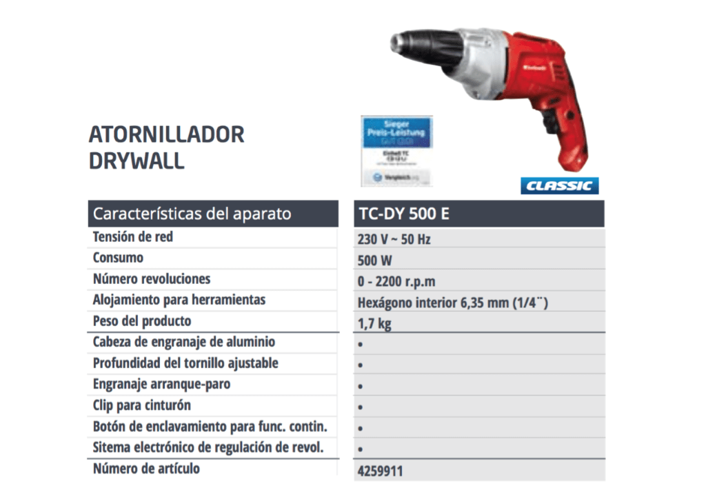 Atornillador Eléctrico Drywall Einhell TC-DY 500e Durlok