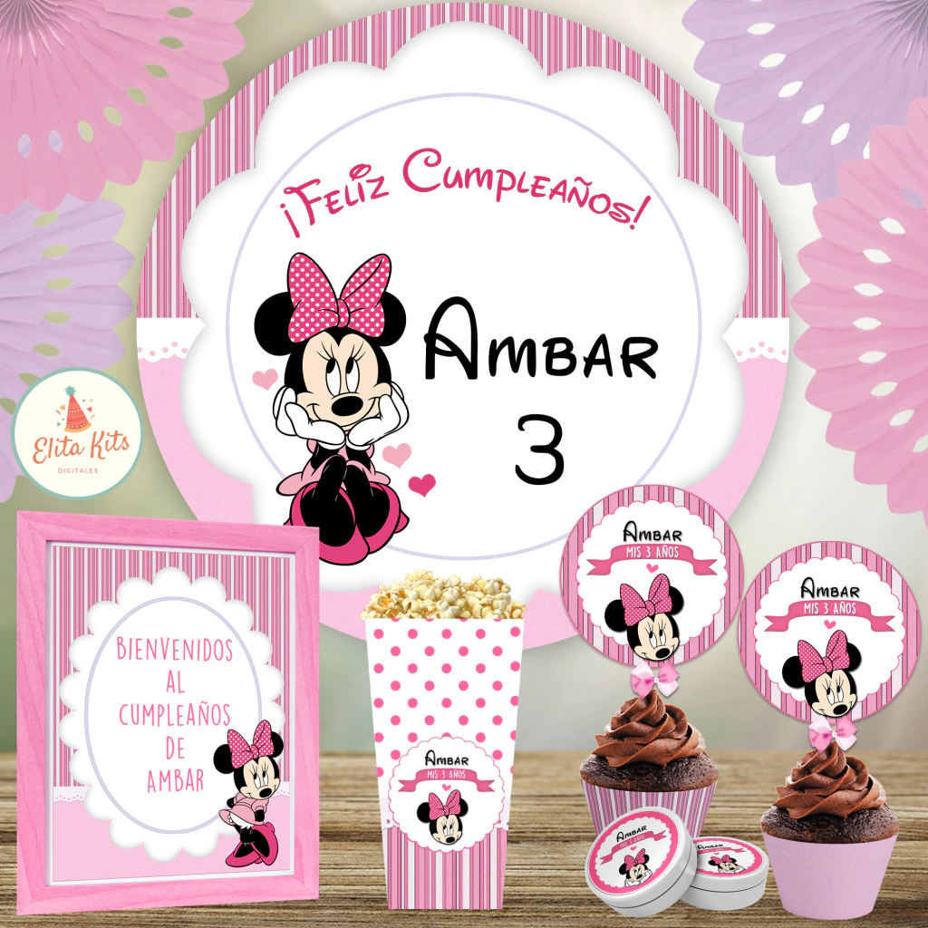 Kit imprimible Minnie Mouse + Banner Circular Fondo Mesa Dulce Candybar